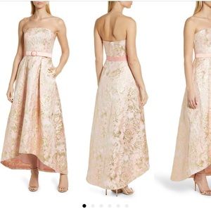 Kay Unger Bella Floral Jacquard Belted High-low Gown